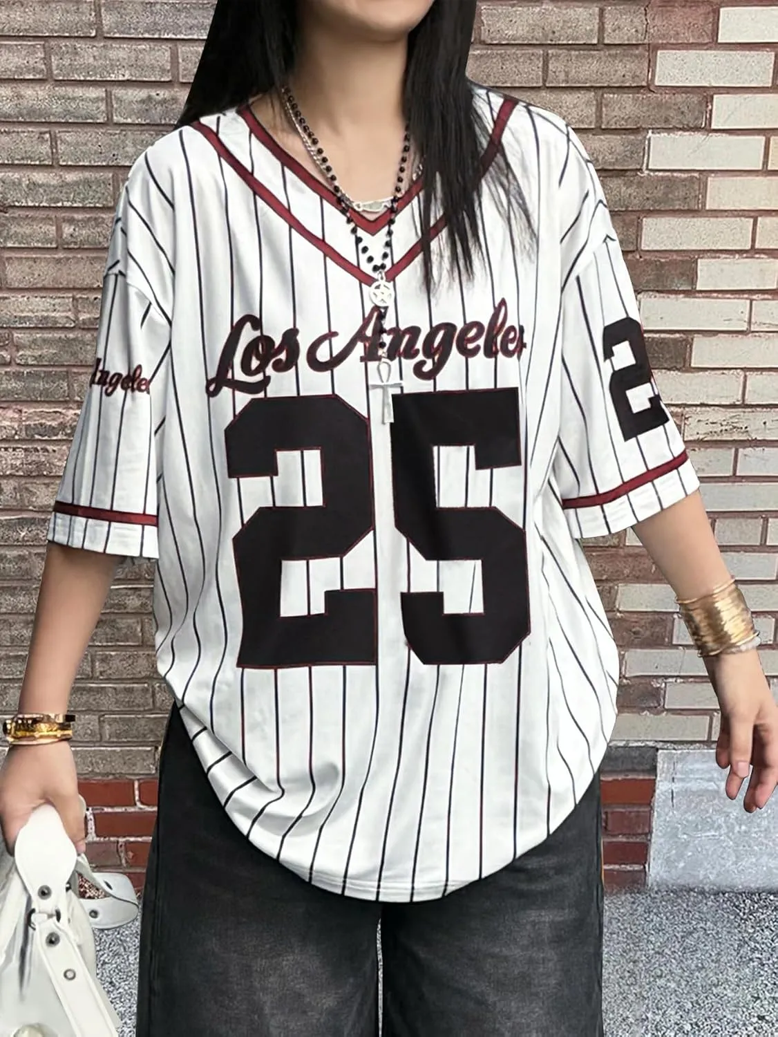 SOLY HUX Jersey Shirts for Women Y2k Oversized T Shirt Striped Number Graphic Tees V Neck Half Sleeve Streetwear Tops