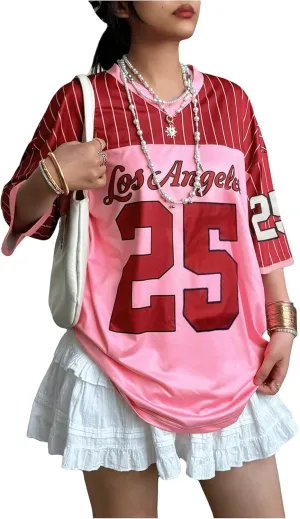 SOLY HUX Jersey Shirts for Women Y2k Oversized T Shirt Striped Number Graphic Tees V Neck Half Sleeve Streetwear Tops