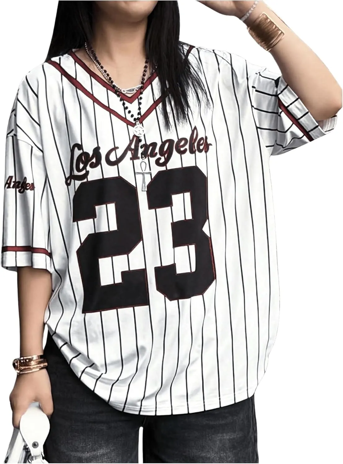 SOLY HUX Jersey Shirts for Women Y2k Oversized T Shirt Striped Number Graphic Tees V Neck Half Sleeve Streetwear Tops