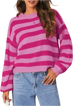 SOLY HUX Women's Color Block Striped Knit Tops Casual Long Sleeve Drop Shoulder Sweater Pullovers