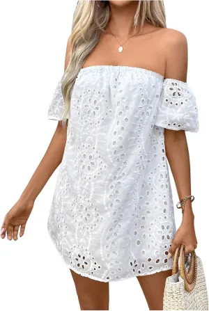 SOLY HUX Women's Off The Shoulder Mini Dress Eyelet Embroidery Short Sleeve Vacation Dresses