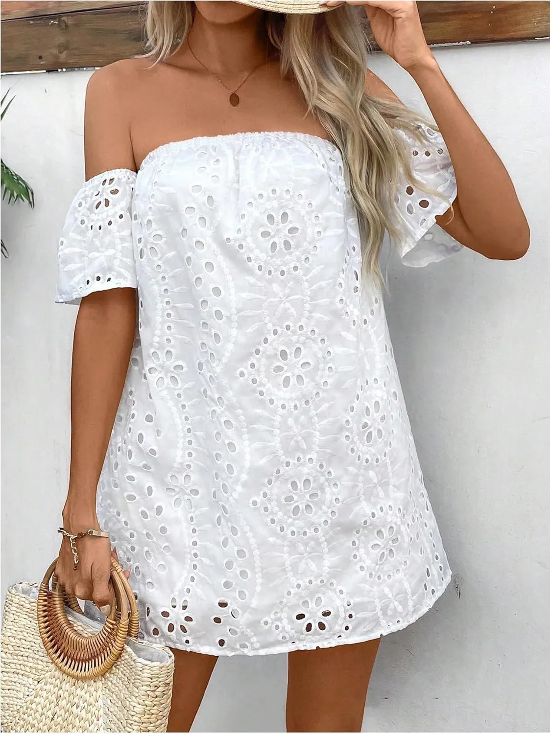 SOLY HUX Women's Off The Shoulder Mini Dress Eyelet Embroidery Short Sleeve Vacation Dresses