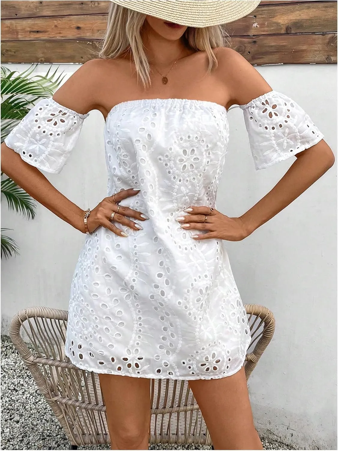 SOLY HUX Women's Off The Shoulder Mini Dress Eyelet Embroidery Short Sleeve Vacation Dresses