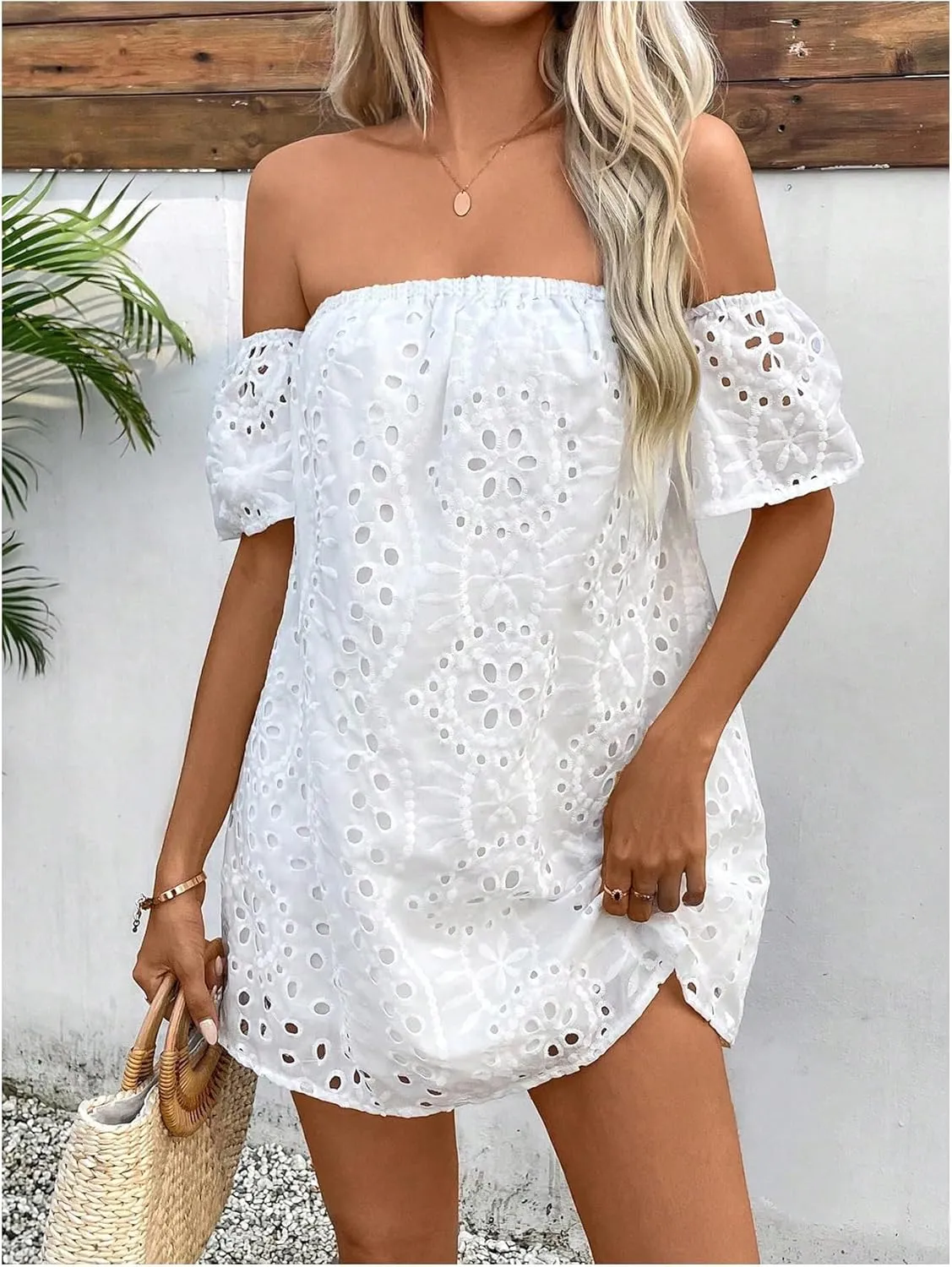 SOLY HUX Women's Off The Shoulder Mini Dress Eyelet Embroidery Short Sleeve Vacation Dresses