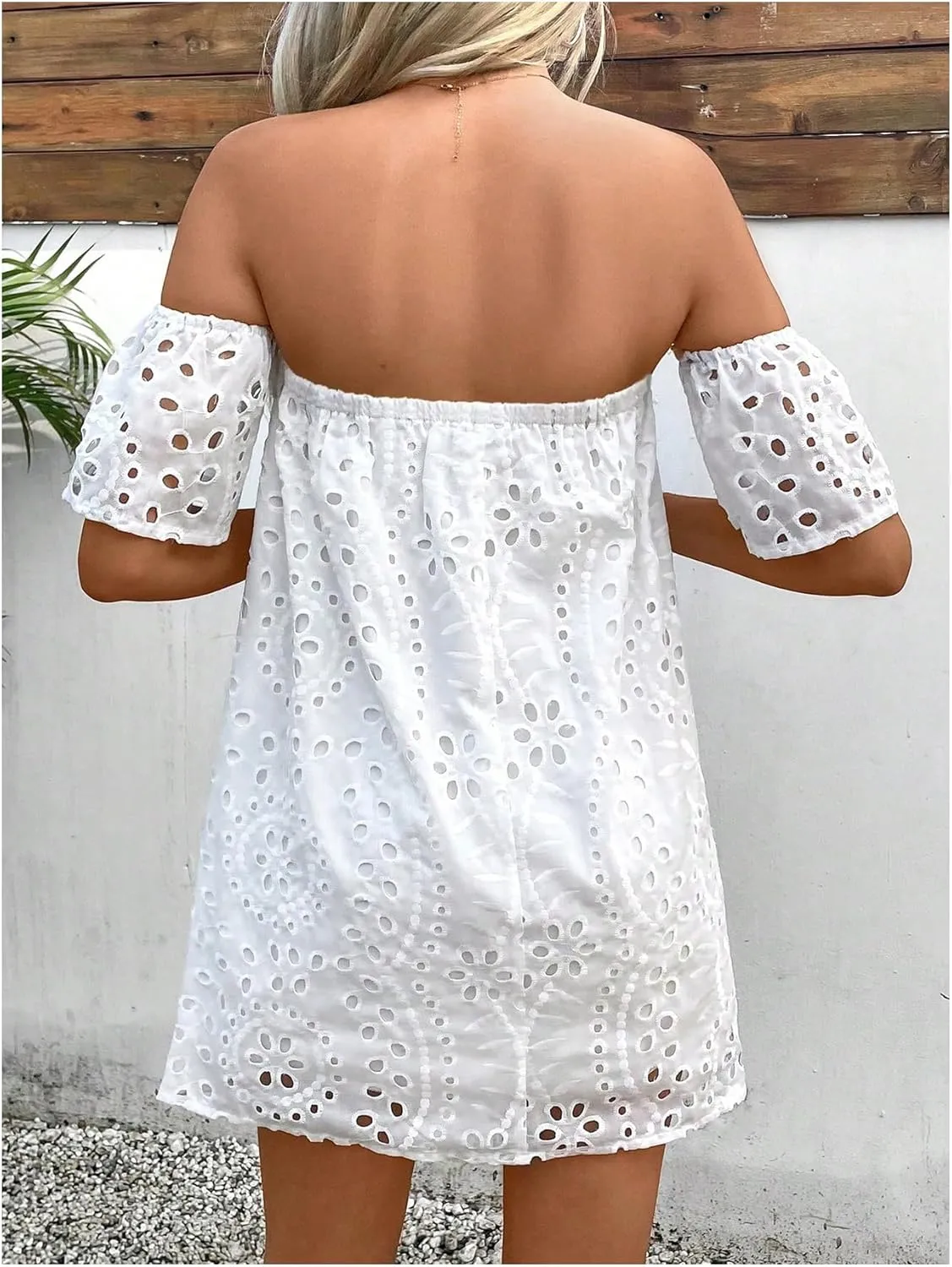 SOLY HUX Women's Off The Shoulder Mini Dress Eyelet Embroidery Short Sleeve Vacation Dresses