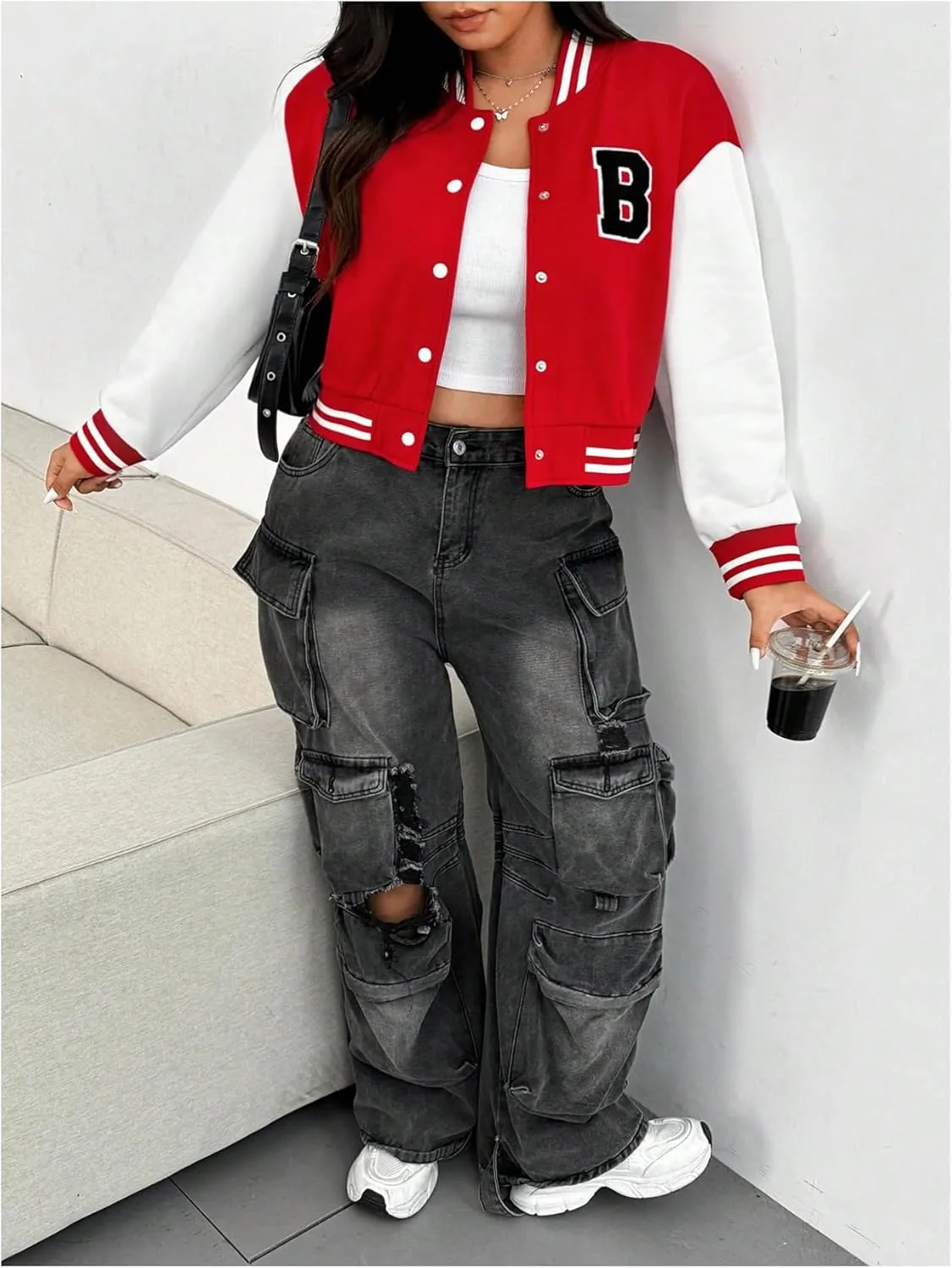 SOLY HUX Women's Plus Size Varsity Jacket Letter Graphic Color Block Button Down Long Sleeve Baseball Jacket Outerwear