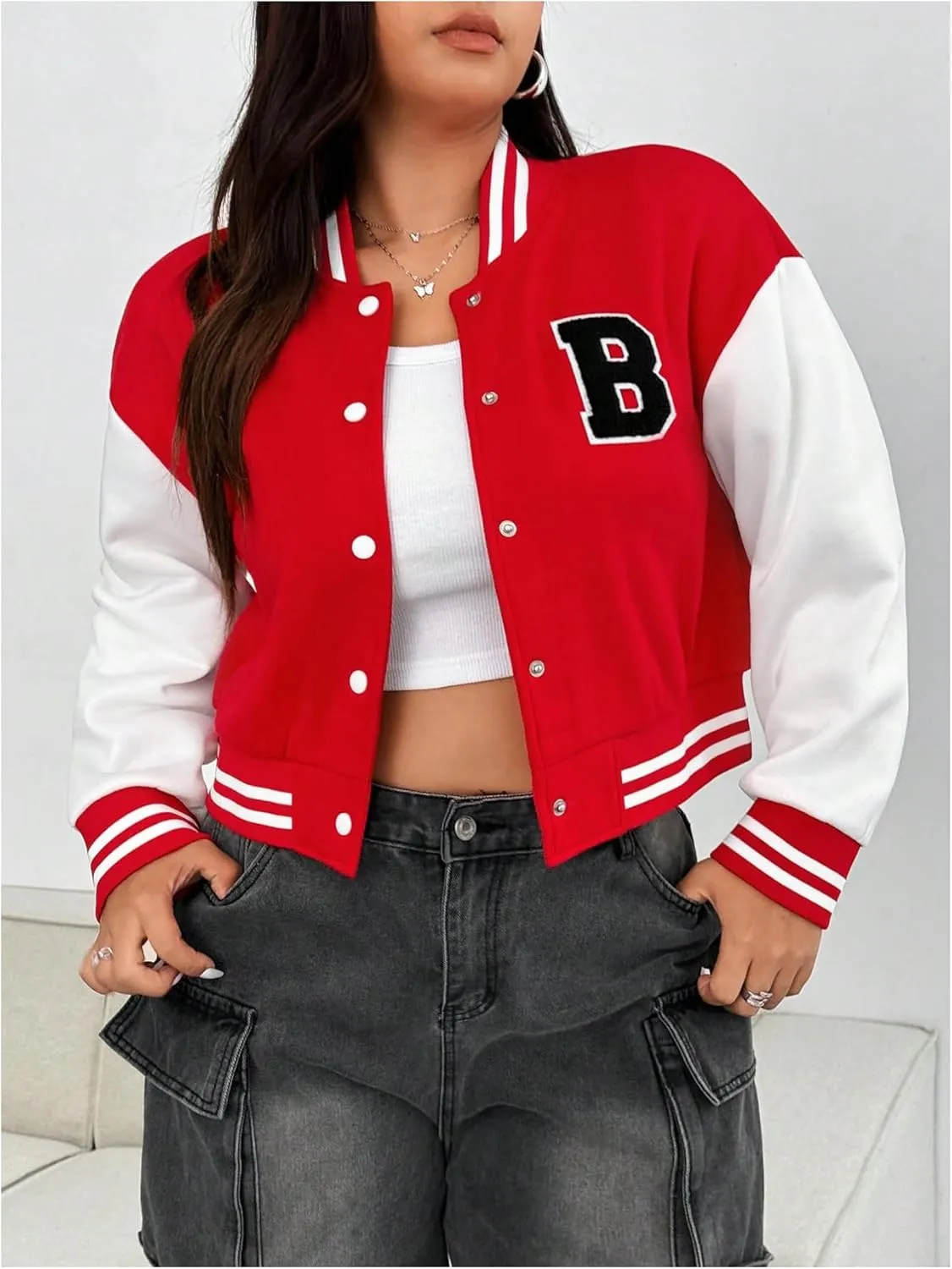 SOLY HUX Women's Plus Size Varsity Jacket Letter Graphic Color Block Button Down Long Sleeve Baseball Jacket Outerwear
