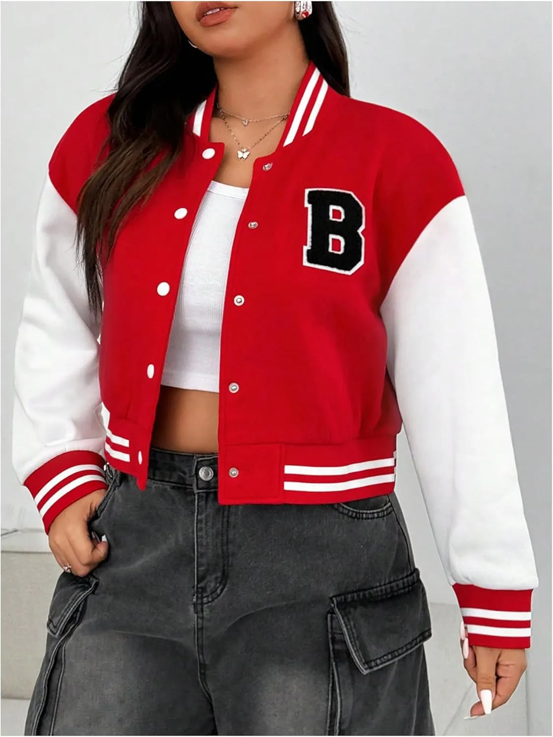 SOLY HUX Women's Plus Size Varsity Jacket Letter Graphic Color Block Button Down Long Sleeve Baseball Jacket Outerwear