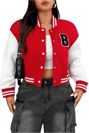 SOLY HUX Women's Plus Size Varsity Jacket Letter Graphic Color Block Button Down Long Sleeve Baseball Jacket Outerwear