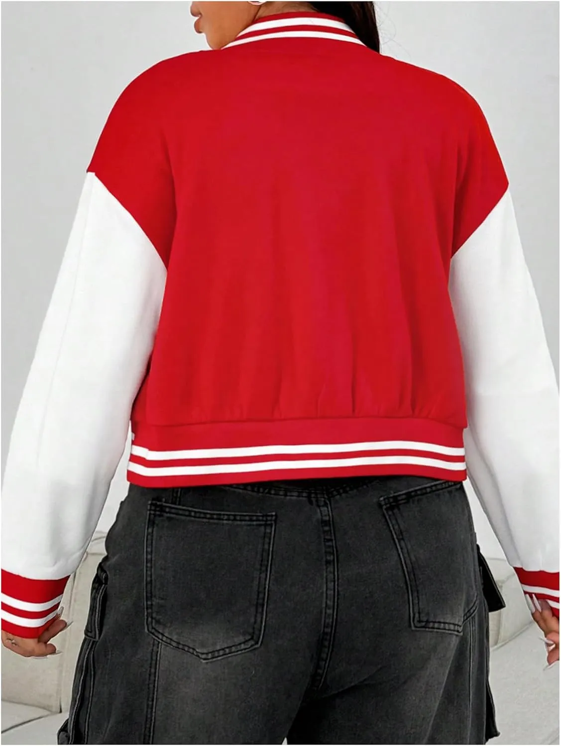 SOLY HUX Women's Plus Size Varsity Jacket Letter Graphic Color Block Button Down Long Sleeve Baseball Jacket Outerwear