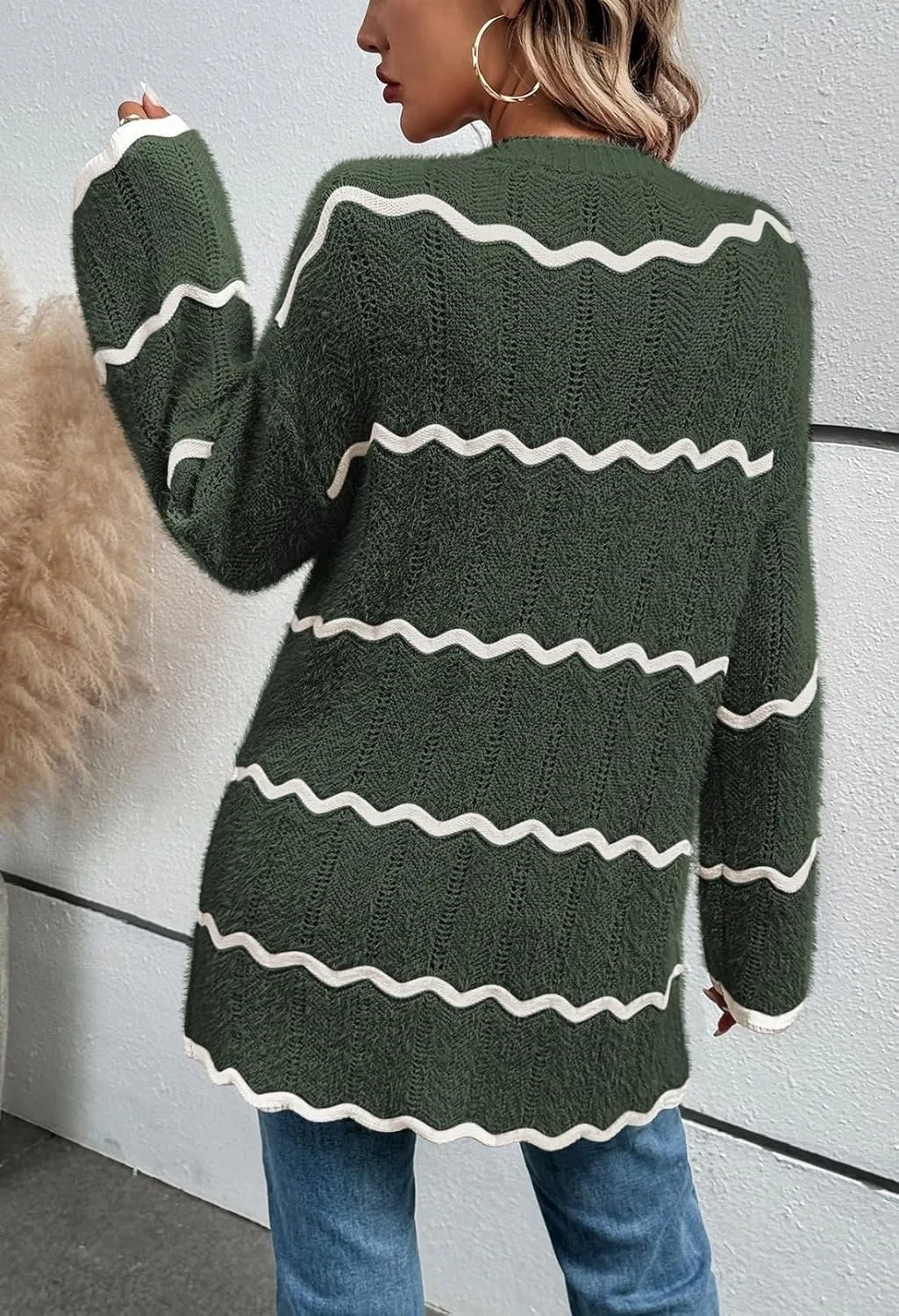 Sovoyontee Women's Oversized Striped Cardigan 2024 Fall Open Front Lightweight Cardigans Knit Sweater Coats