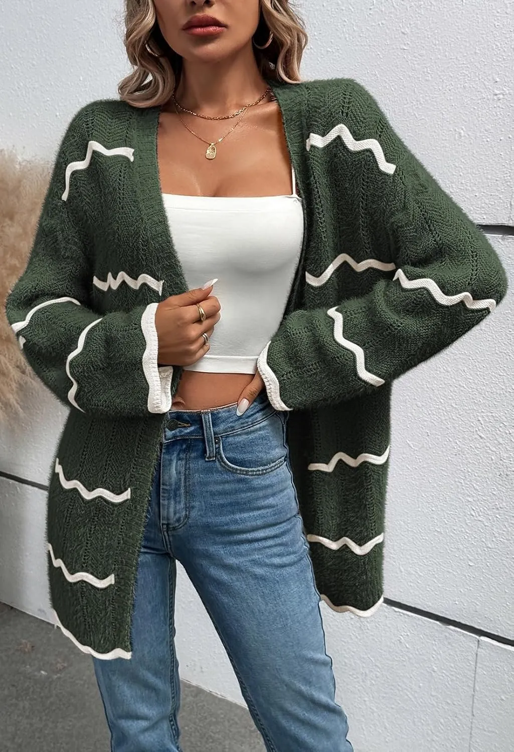 Sovoyontee Women's Oversized Striped Cardigan 2024 Fall Open Front Lightweight Cardigans Knit Sweater Coats