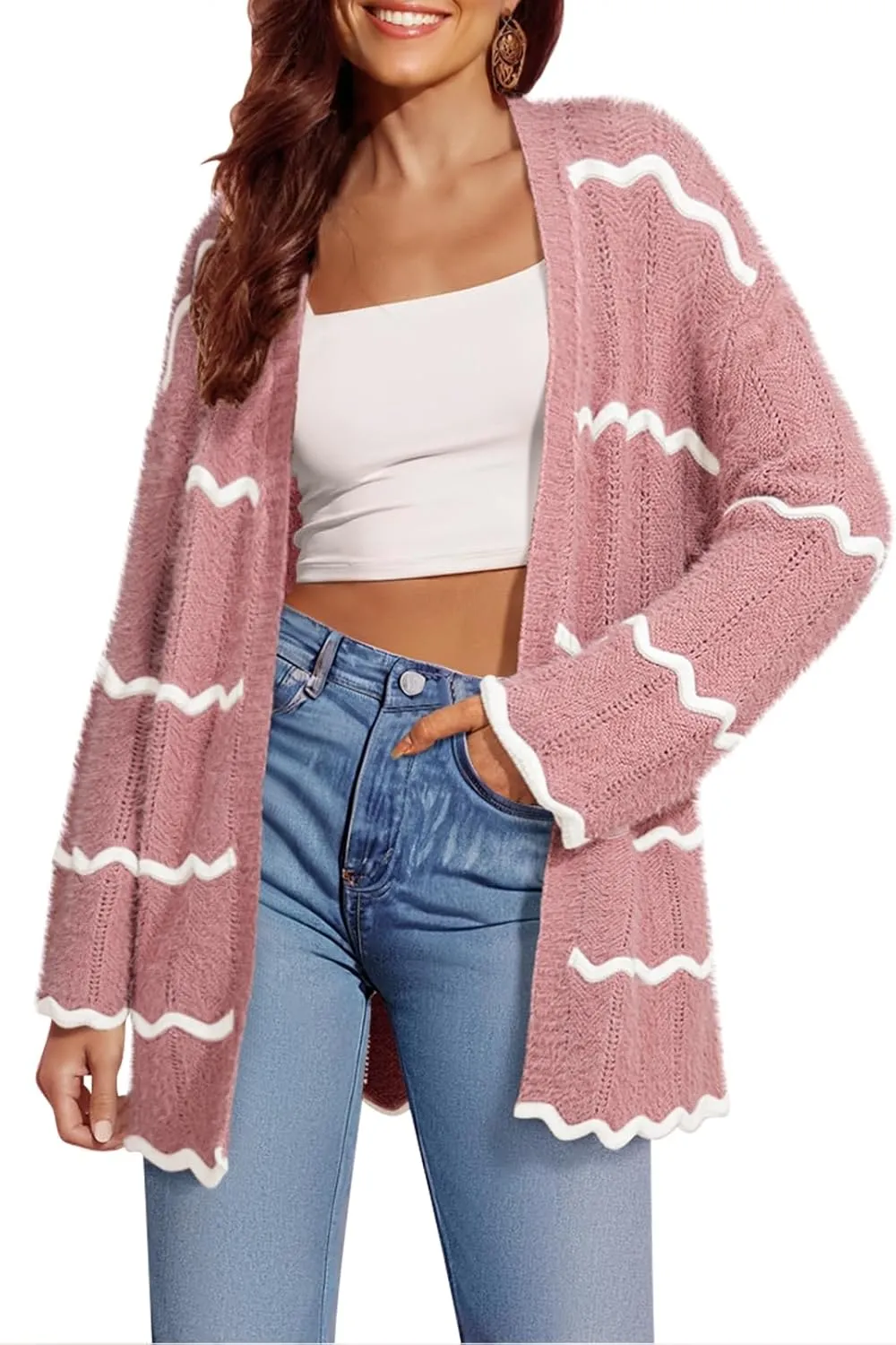 Sovoyontee Women's Oversized Striped Cardigan 2024 Fall Open Front Lightweight Cardigans Knit Sweater Coats