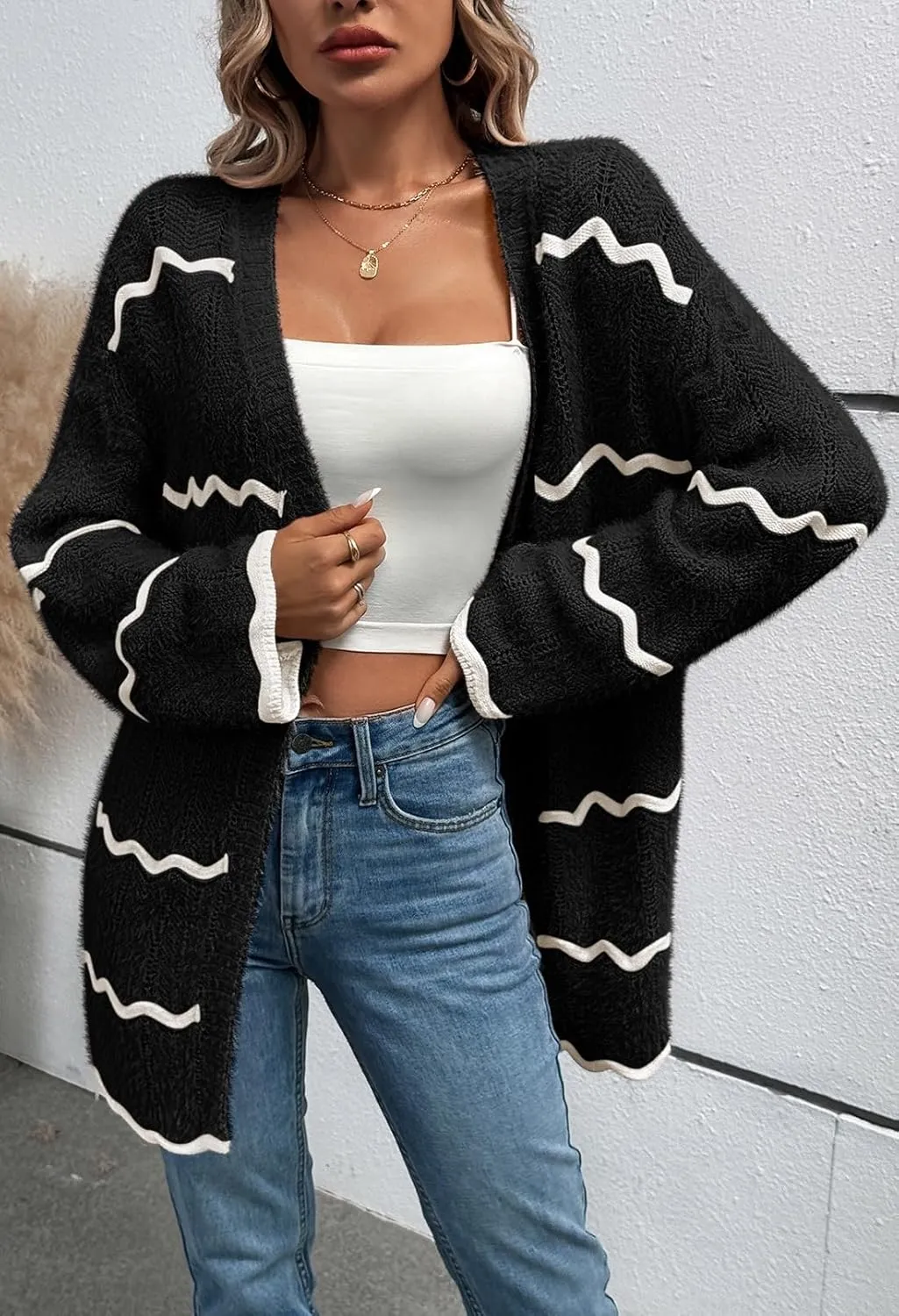 Sovoyontee Women's Oversized Striped Cardigan 2024 Fall Open Front Lightweight Cardigans Knit Sweater Coats