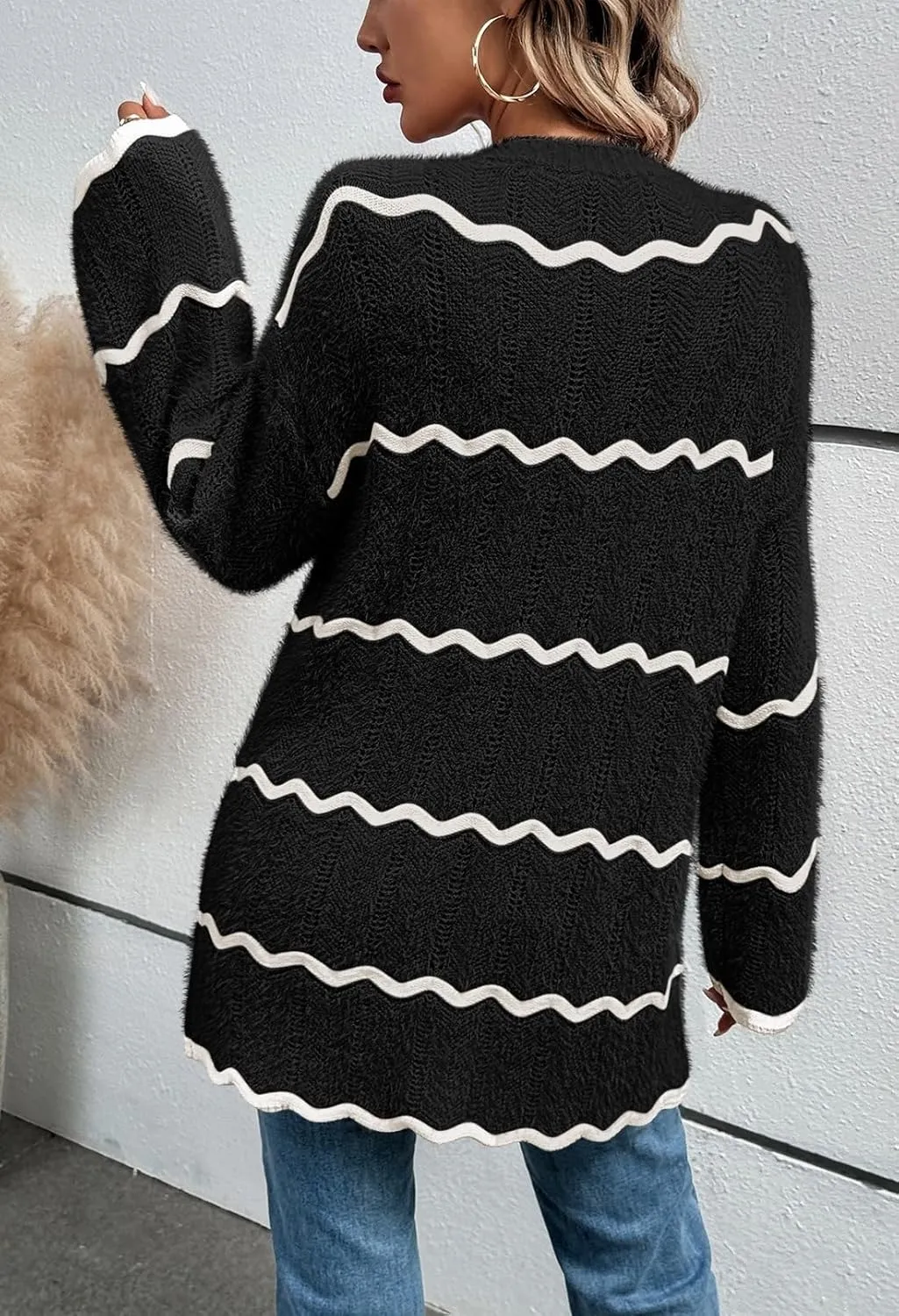 Sovoyontee Women's Oversized Striped Cardigan 2024 Fall Open Front Lightweight Cardigans Knit Sweater Coats