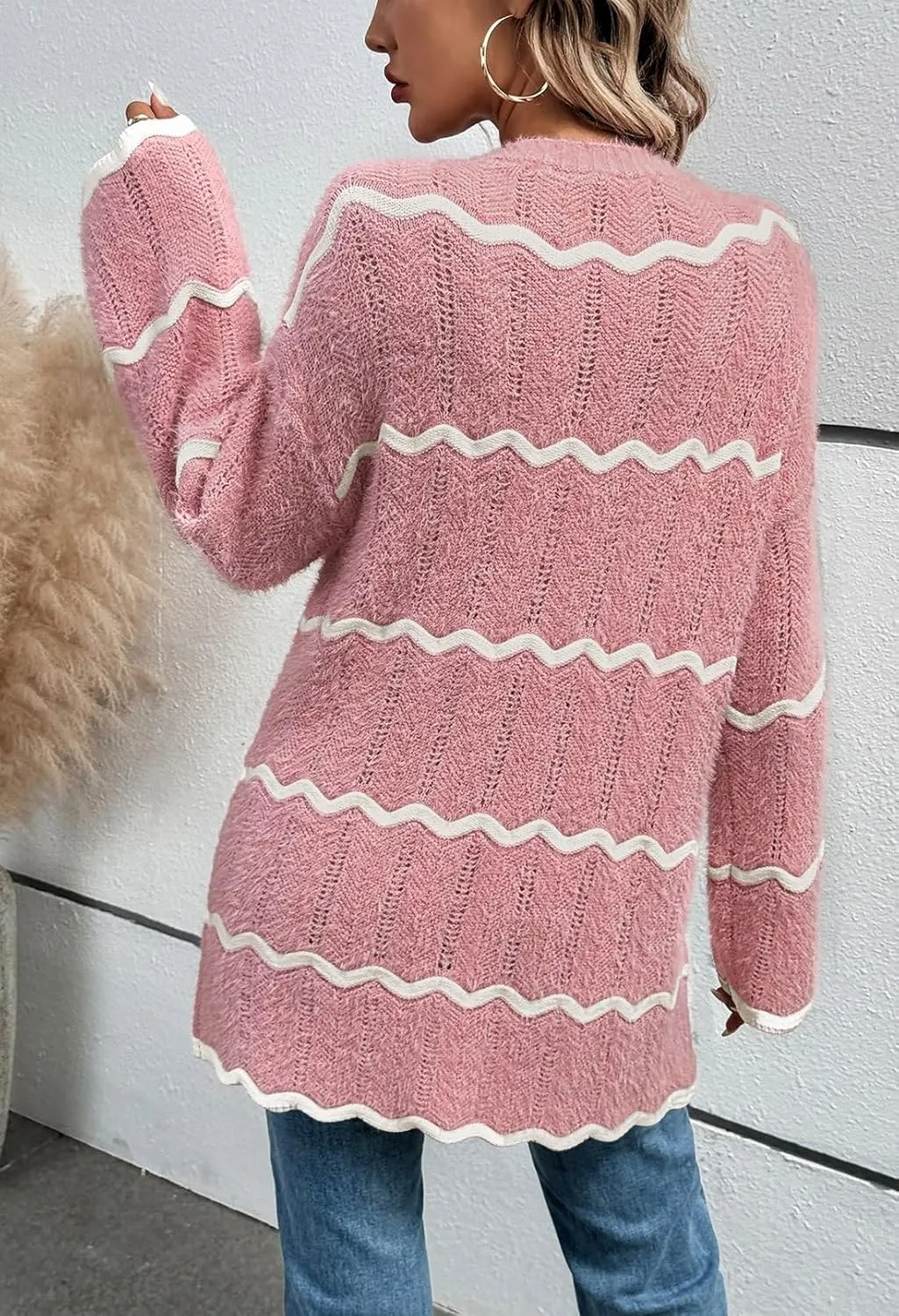 Sovoyontee Women's Oversized Striped Cardigan 2024 Fall Open Front Lightweight Cardigans Knit Sweater Coats