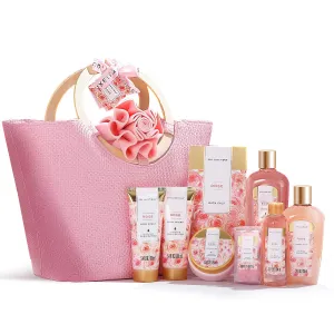 Spa Luxetique Gifts for Women - 10pc Rose Gift Basket, Deluxe Spa Tote Bag Bath Set with Wooden Handle, Bath Salt, Hand Soap, Body Butter, Mothers Day Gift Sets