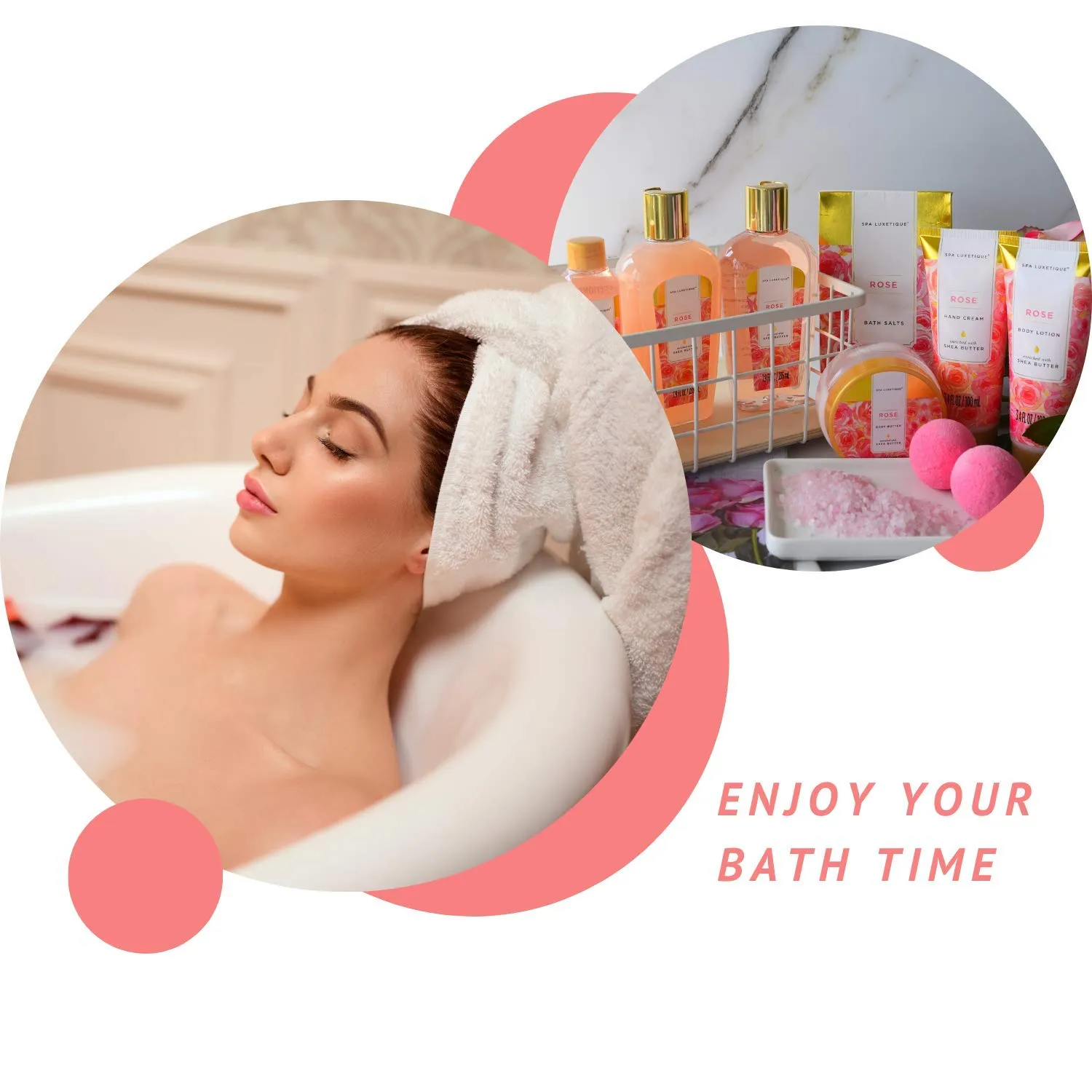 Spa Luxetique Gifts for Women - 10pc Rose Gift Basket, Deluxe Spa Tote Bag Bath Set with Wooden Handle, Bath Salt, Hand Soap, Body Butter, Mothers Day Gift Sets