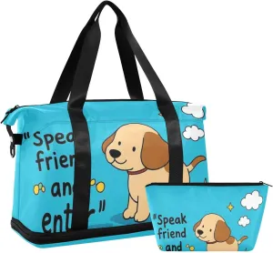 Speak Friend and Enter Cartoon Cute Funny Brown Dog Travel Bag Weekender Overnight Bag with Adjustable Strap for Trip Large Capacity