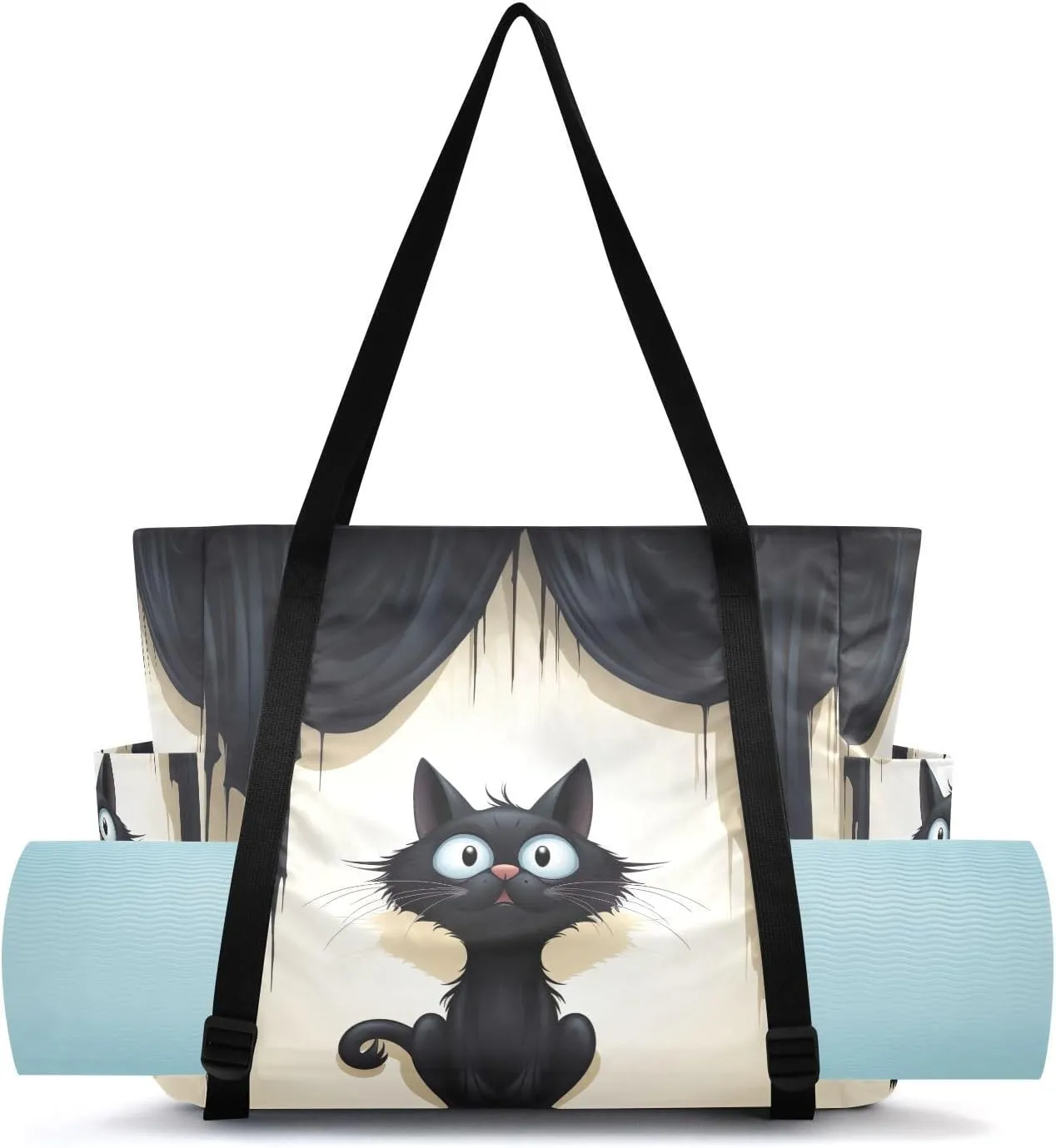 SPRIPORT Cartoon Black Cat Curtain Yoga Mat Bag for Women Pilates Shoulder Carrier Carryall Tote with Large Mat Carrier Pocket Yoga Mat Holder for Travel Office Beach Gym Workout