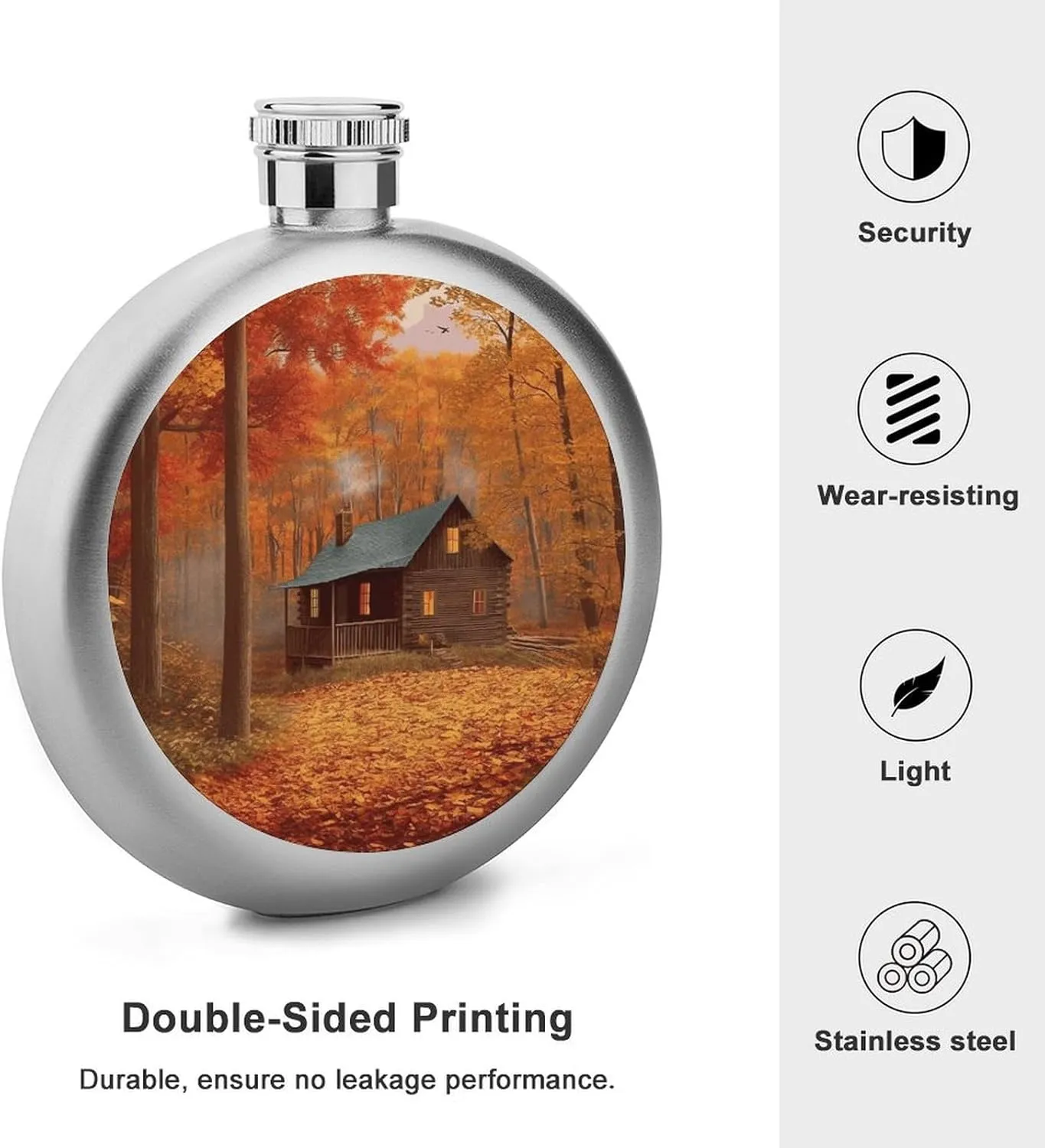 Stainless Steel Wine Bottle Liquor Container Autumn Woods Cabin Print Leak Proof Hip Flask Durable for Camping Hiking Travel Festivals