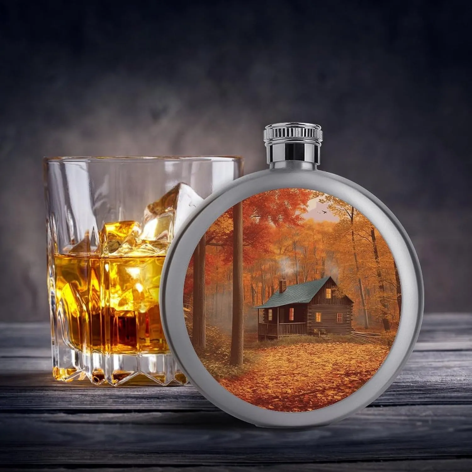 Stainless Steel Wine Bottle Liquor Container Autumn Woods Cabin Print Leak Proof Hip Flask Durable for Camping Hiking Travel Festivals