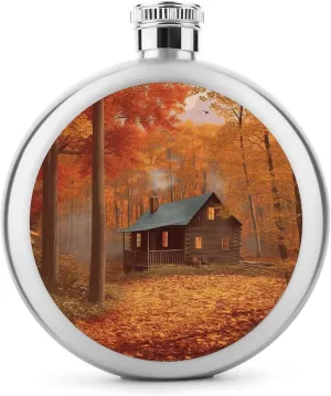 Stainless Steel Wine Bottle Liquor Container Autumn Woods Cabin Print Leak Proof Hip Flask Durable for Camping Hiking Travel Festivals