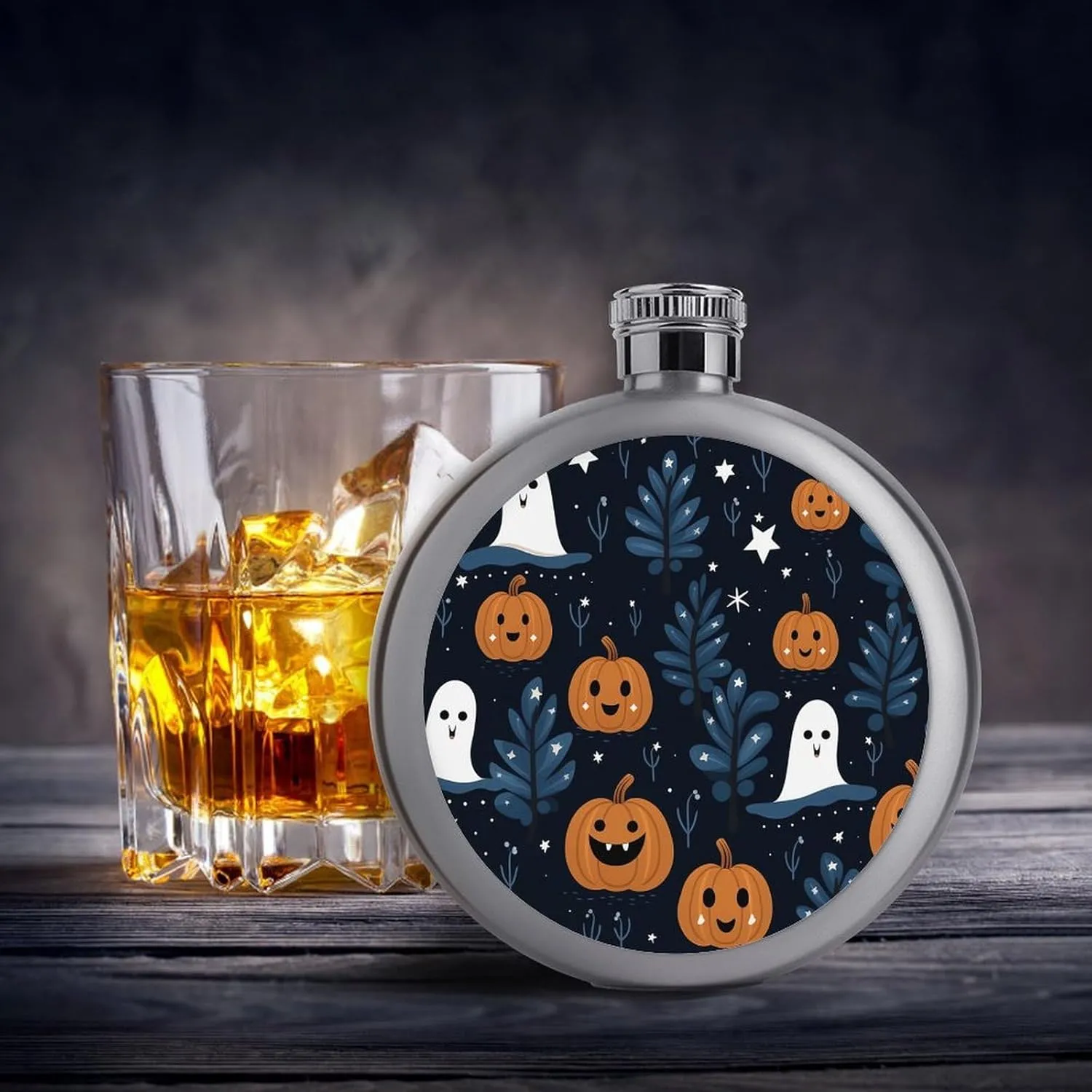 Stainless Steel Wine Bottle Liquor Container Cartoon Pumpkin Head Print Leak Proof Hip Flask Durable for Camping Hiking Travel Festivals