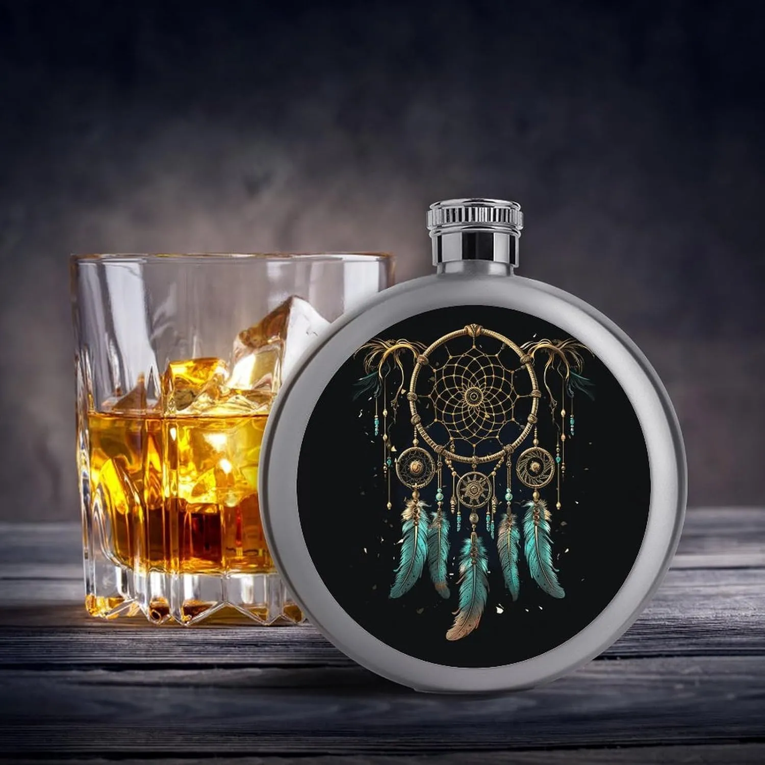 Stainless Steel Wine Bottle Liquor Container Dark Dream Catcher Print Leak Proof Hip Flask Durable for Camping Hiking Travel Festivals