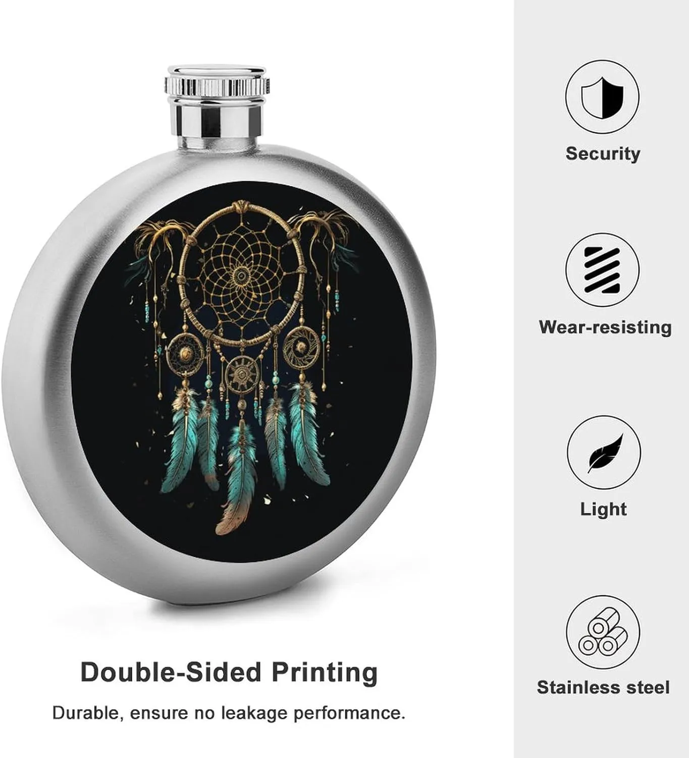 Stainless Steel Wine Bottle Liquor Container Dark Dream Catcher Print Leak Proof Hip Flask Durable for Camping Hiking Travel Festivals