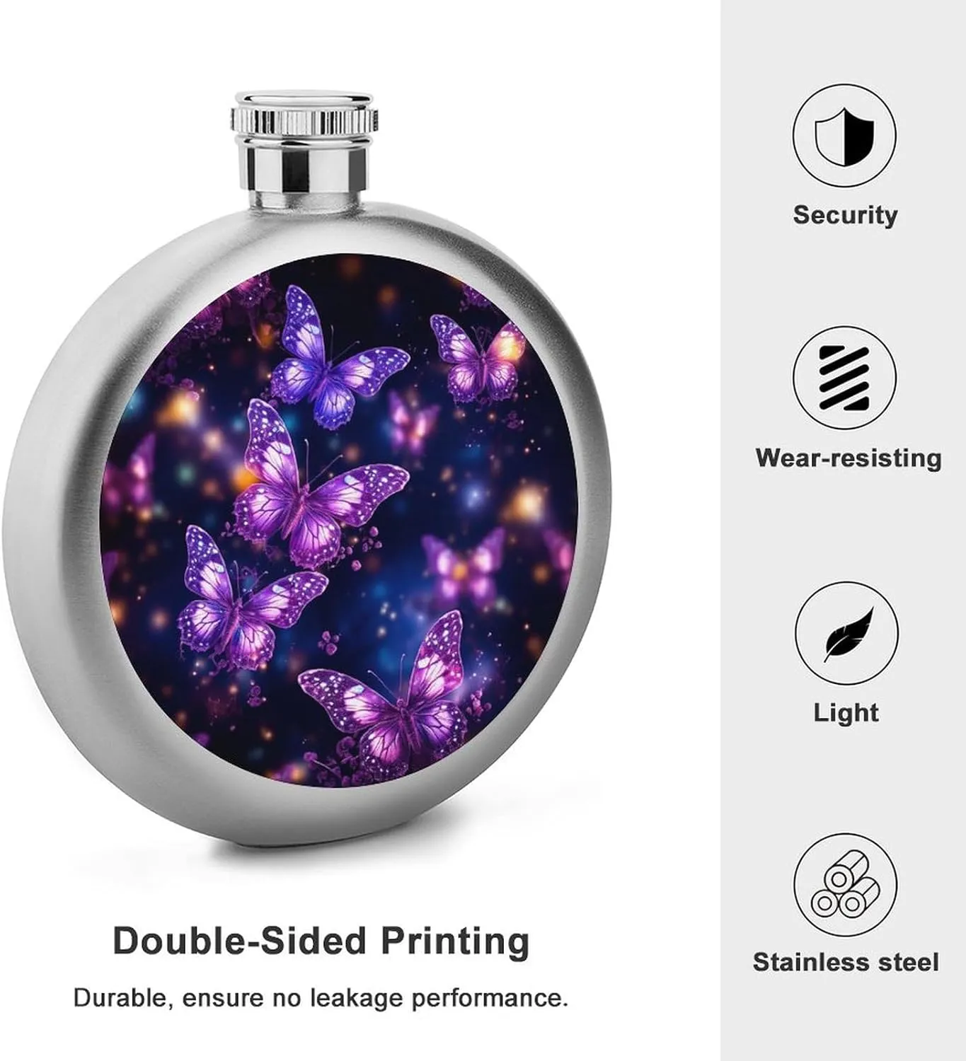 Stainless Steel Wine Bottle Liquor Container Purple Cute Butterfly Print Print Leak Proof Hip Flask Durable for Camping Hiking Travel Festivals