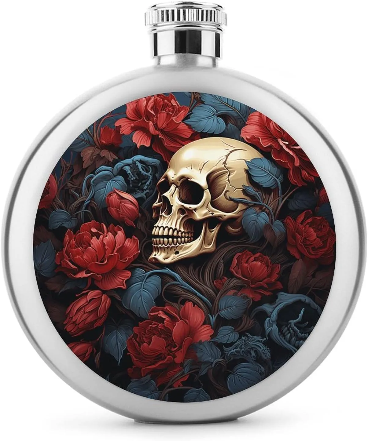 Stainless Steel Wine Bottle Liquor Container Skull Image Poster Print Leak Proof Hip Flask Durable for Camping Hiking Travel Festivals