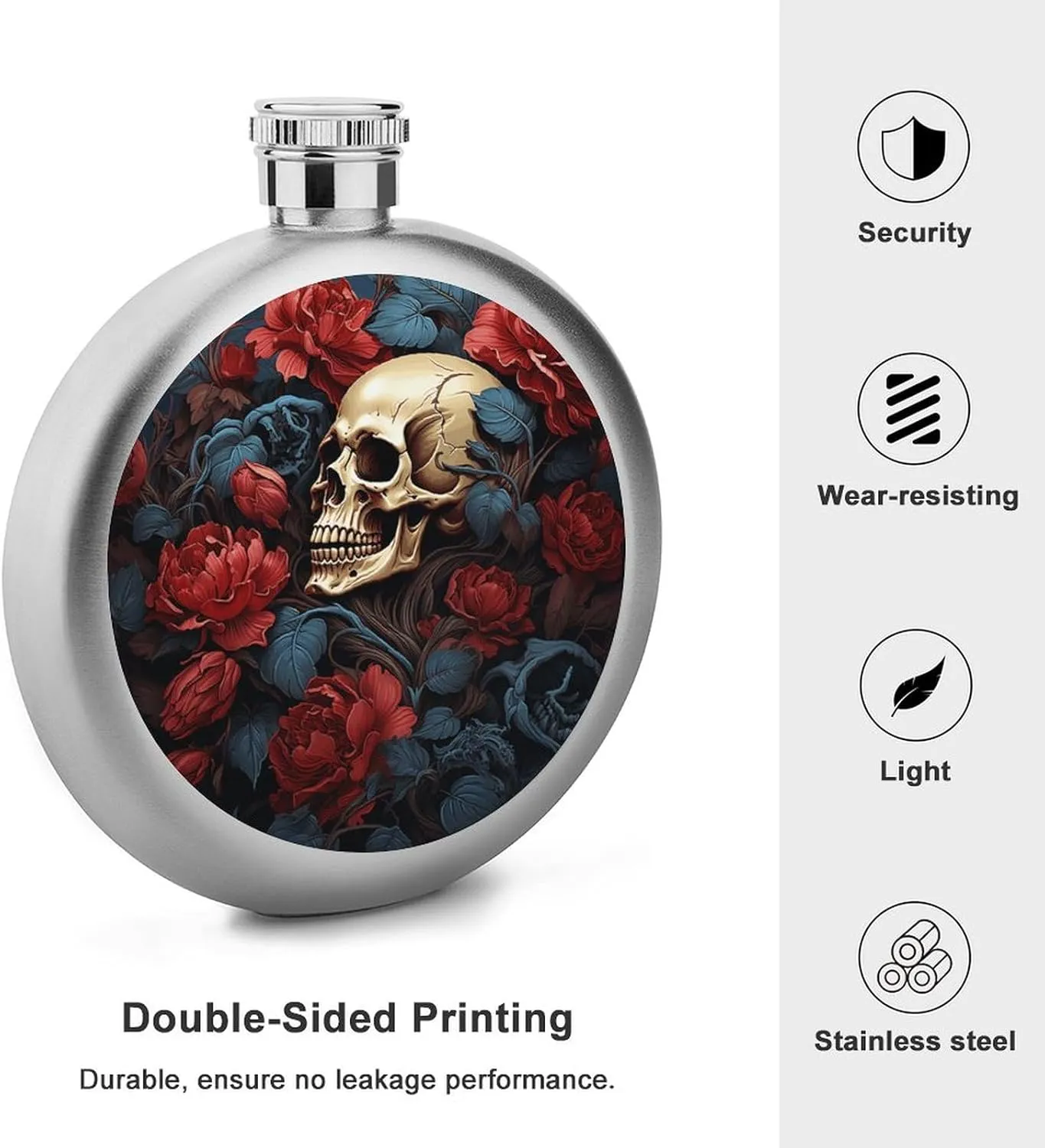 Stainless Steel Wine Bottle Liquor Container Skull Image Poster Print Leak Proof Hip Flask Durable for Camping Hiking Travel Festivals