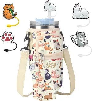 Stanley Cup Bag, Cup Holder for Stanley 30oz/40oz Tumbler with Handle, Stanley Carrier Bag with 4Pcs Cute Straw Topper for Stanley Cup Accessories