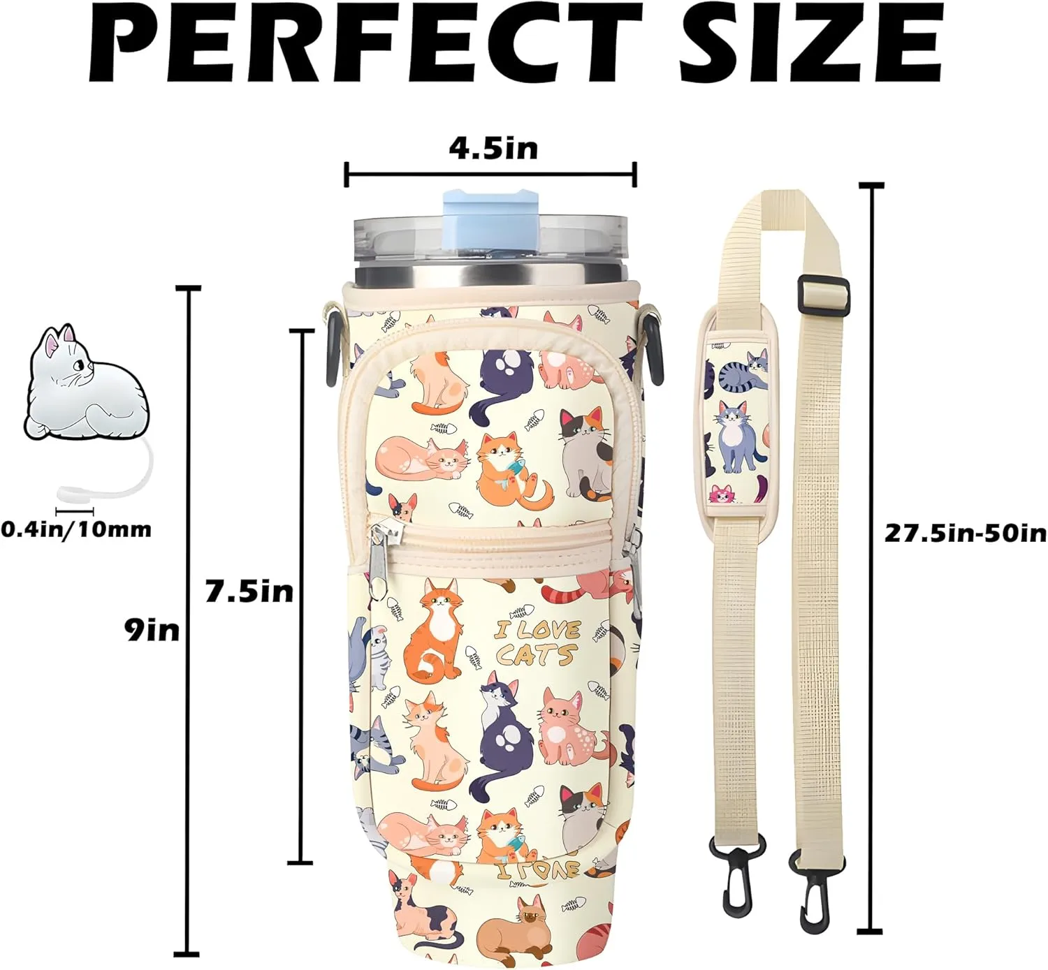 Stanley Cup Bag, Cup Holder for Stanley 30oz/40oz Tumbler with Handle, Stanley Carrier Bag with 4Pcs Cute Straw Topper for Stanley Cup Accessories