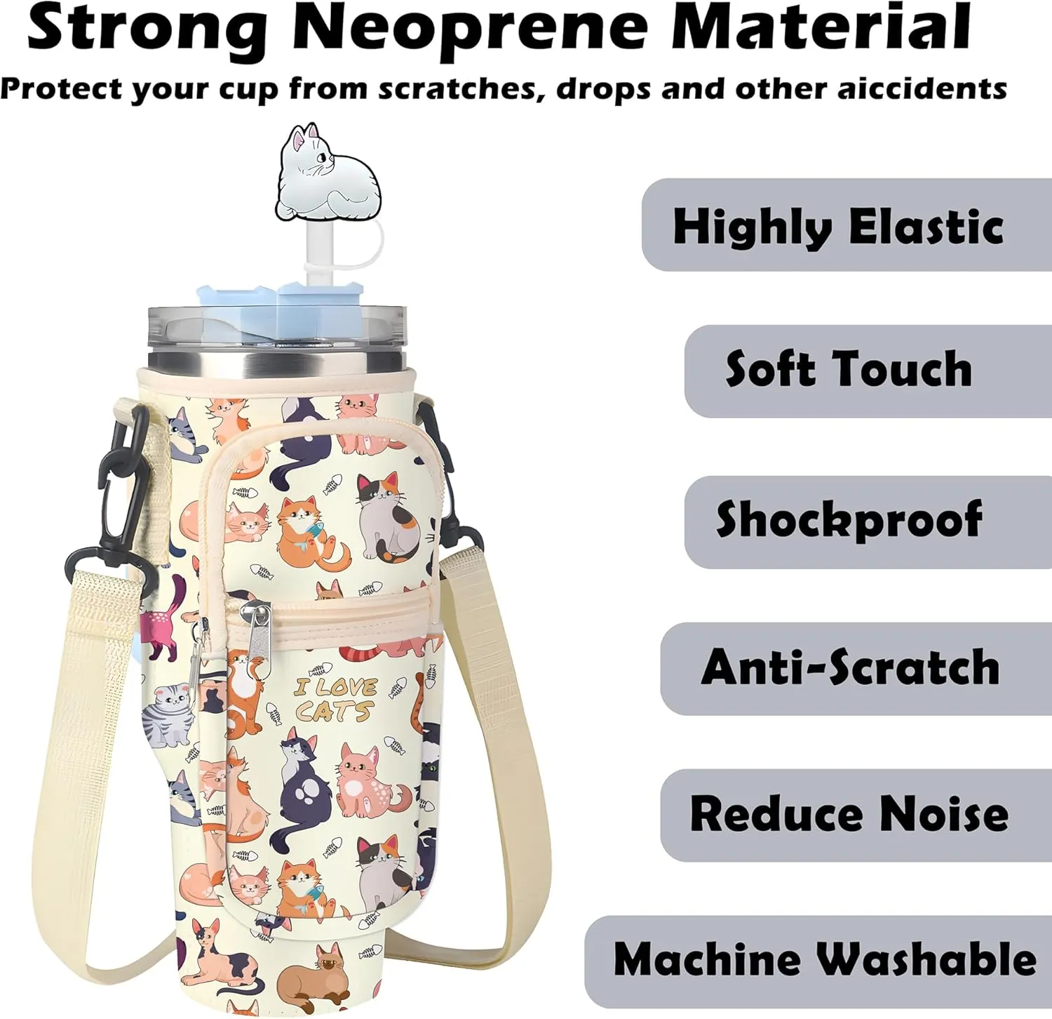 Stanley Cup Bag, Cup Holder for Stanley 30oz/40oz Tumbler with Handle, Stanley Carrier Bag with 4Pcs Cute Straw Topper for Stanley Cup Accessories
