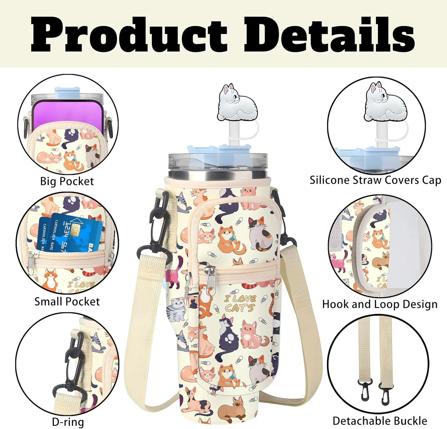 Stanley Cup Bag, Cup Holder for Stanley 30oz/40oz Tumbler with Handle, Stanley Carrier Bag with 4Pcs Cute Straw Topper for Stanley Cup Accessories