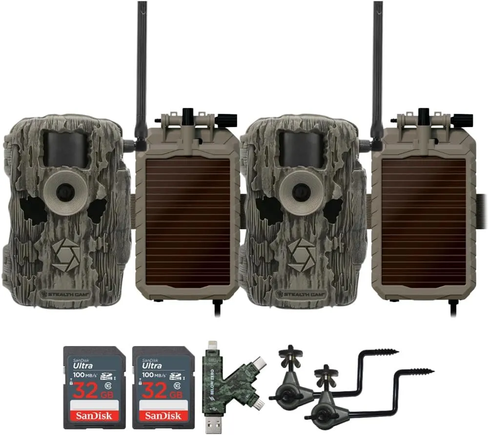 Stealth Cam 36MP Fusion Max Cellular Trail Camera (2-Pack) Bundle with 2X Lithium Solar Power Panel, 2X Trail Camera Holder, 2X 32GB Memory Card, and Card Reader (9 Items)