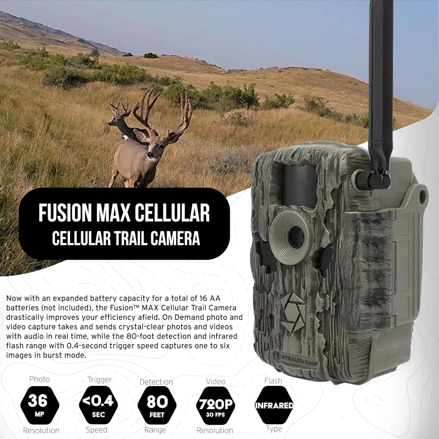 Stealth Cam 36MP Fusion Max Cellular Trail Camera (2-Pack) Bundle with 2X Lithium Solar Power Panel, 2X Trail Camera Holder, 2X 32GB Memory Card, and Card Reader (9 Items)