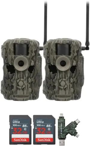 Stealth Cam 36MP Fusion Max Cellular Trail Camera with 80-Feet Detection Range (2-Pack) Bundle with 4-in-1 Card Reader and 32GB Ultra SDHC UHS-I Memory Card (2-Pack) (4 Items)