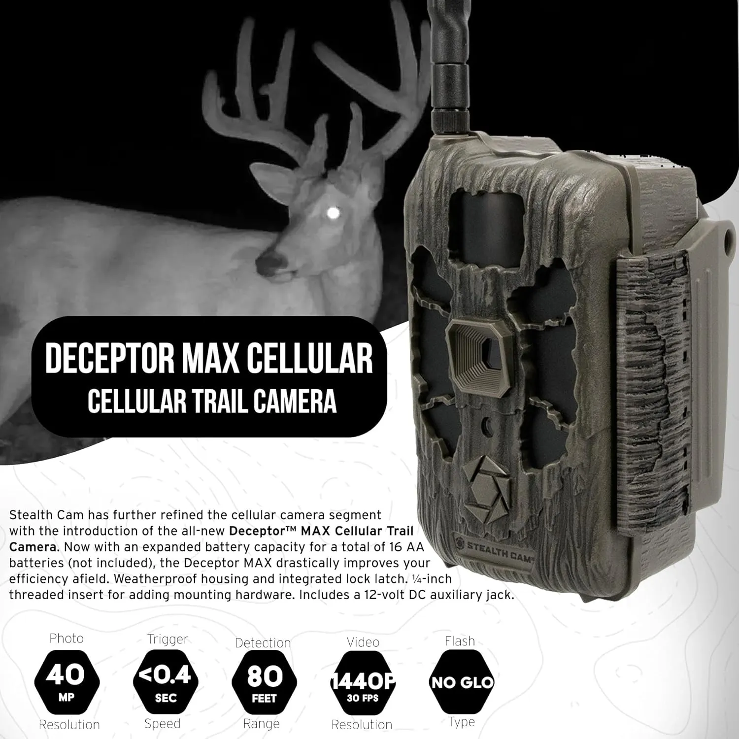 Stealth Cam 40MP Deceptor Max Cellular Trail Camera with 0.4-Second Trigger Speed 4-Pack with Four 32GB Memory Cards and Card Reader (9 Items)