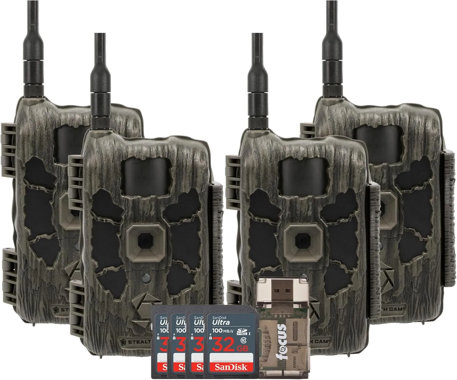 Stealth Cam 40MP Deceptor Max Cellular Trail Camera with 0.4-Second Trigger Speed 4-Pack with Four 32GB Memory Cards and Card Reader (9 Items)