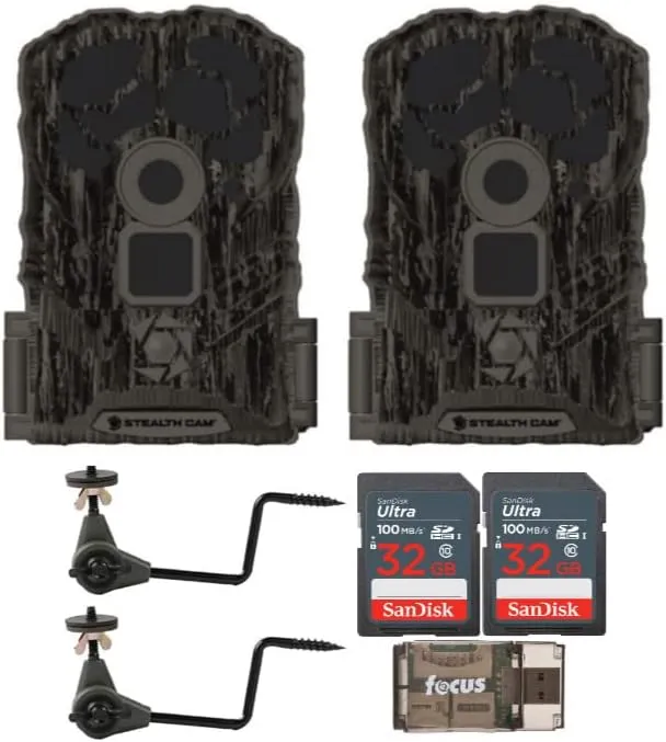 Stealth Cam Browtine 14MP Trail Camera with Video (2-Pack) Bundle with Economy Trail Camera Holder (2-Pack), 32GB Memory Card (2-Pack), and High Speed USB 2.0 Card Reader (7 Items)
