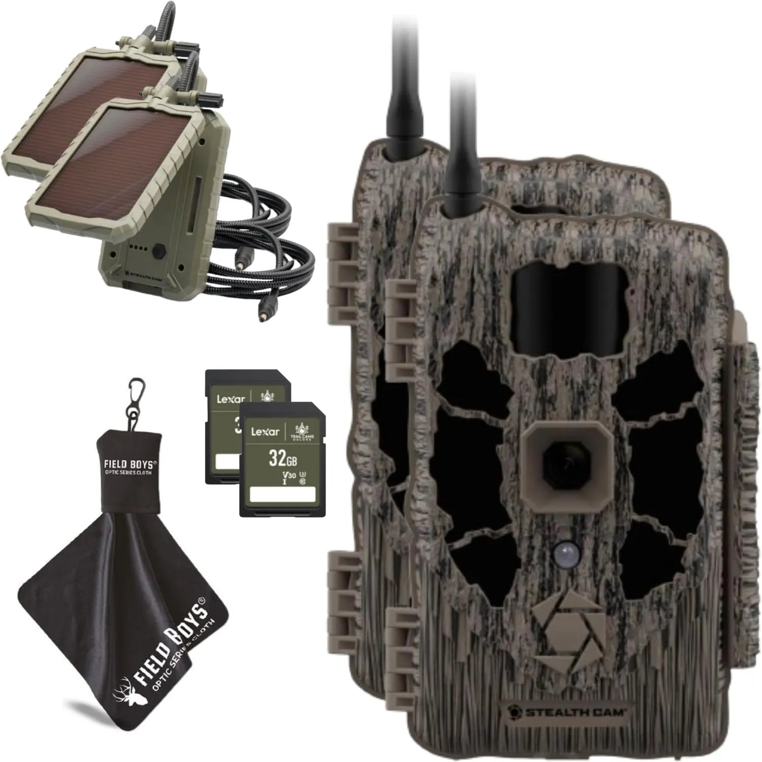 Stealth Cam Deceptor MAX Dual Sim 40MP Photo & 1440P QHD Video No-Glo LED Hunting Cellular Trail Camera, Available on AT&T & Verizon - 2 Pack   32GB SD Cards   Solar Panels & Microfiber Cleaning Cloth