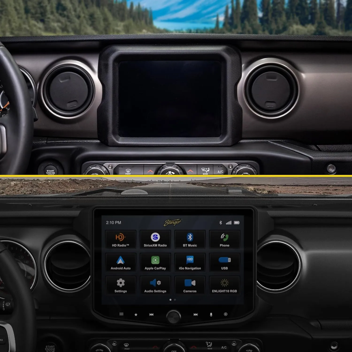 Stinger HORIZON10 10.1" Jeep Wrangler JL (2018-23)/Gladiator JT (2020-23) Flush Stereo Radio Kit IP65 Touchscreen, Certified Wireless CarPlay/Android Auto, Off-Road Gauges, HDMI, USB, Bluetooth
