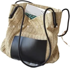 Straw Bag Summer woven basket bag contrasting color straw bucket bag handbag shoulder bag Straw Bags
