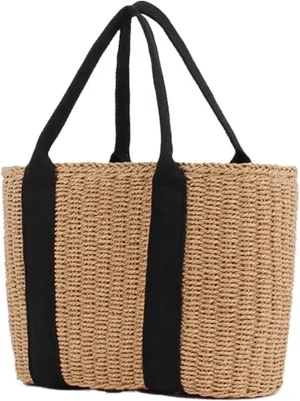 Straw Bags for Women Casual Woven Straw Tote Large Capacity Straw Shoulder Bag Summer Portable Straw Bag for Beach Travel Holiday, Straw Purse