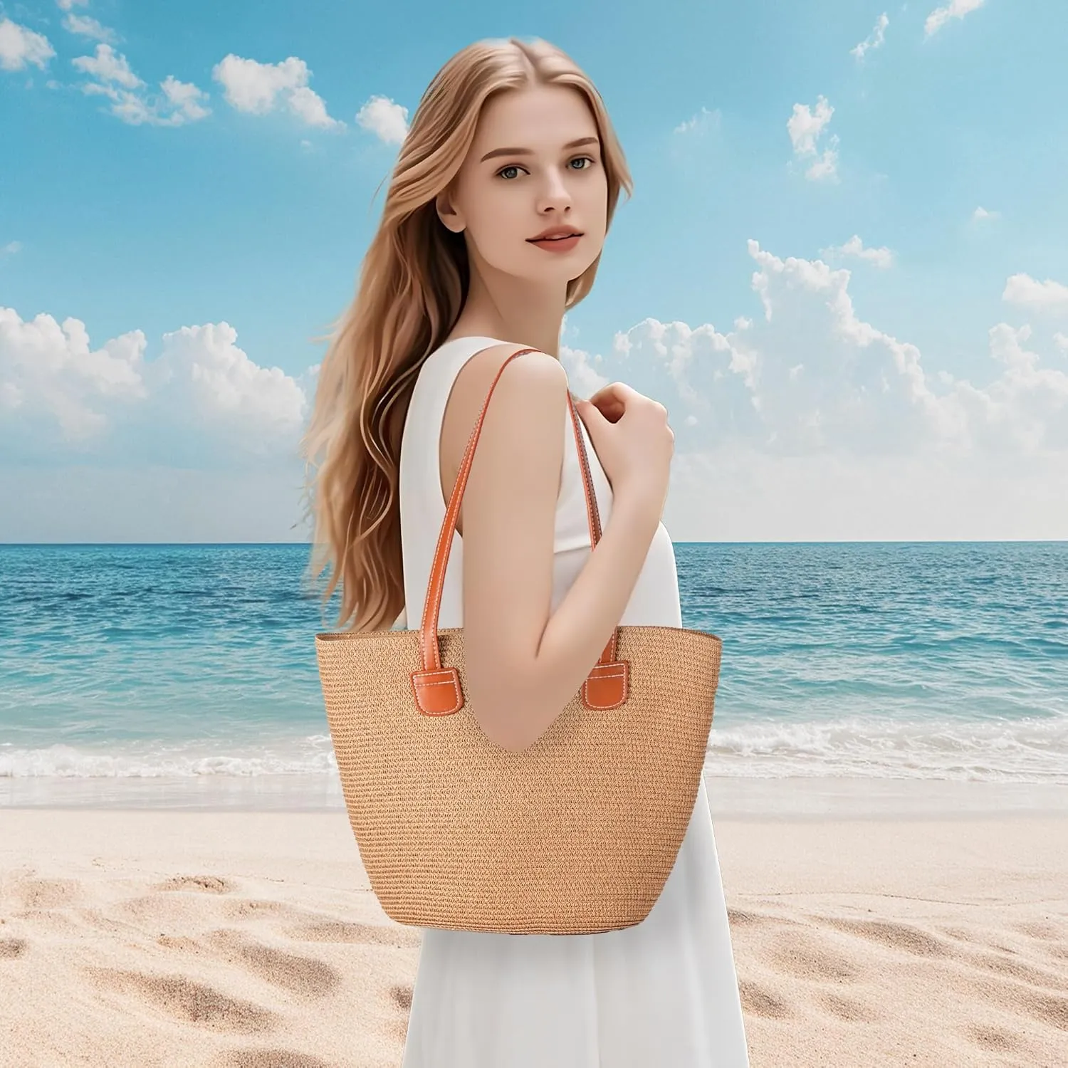 Straw Bags for Women, Straw Beach Bags for Women Beach Tote Bag Summer Woven Shoulder Handbags for Vacation Holiday