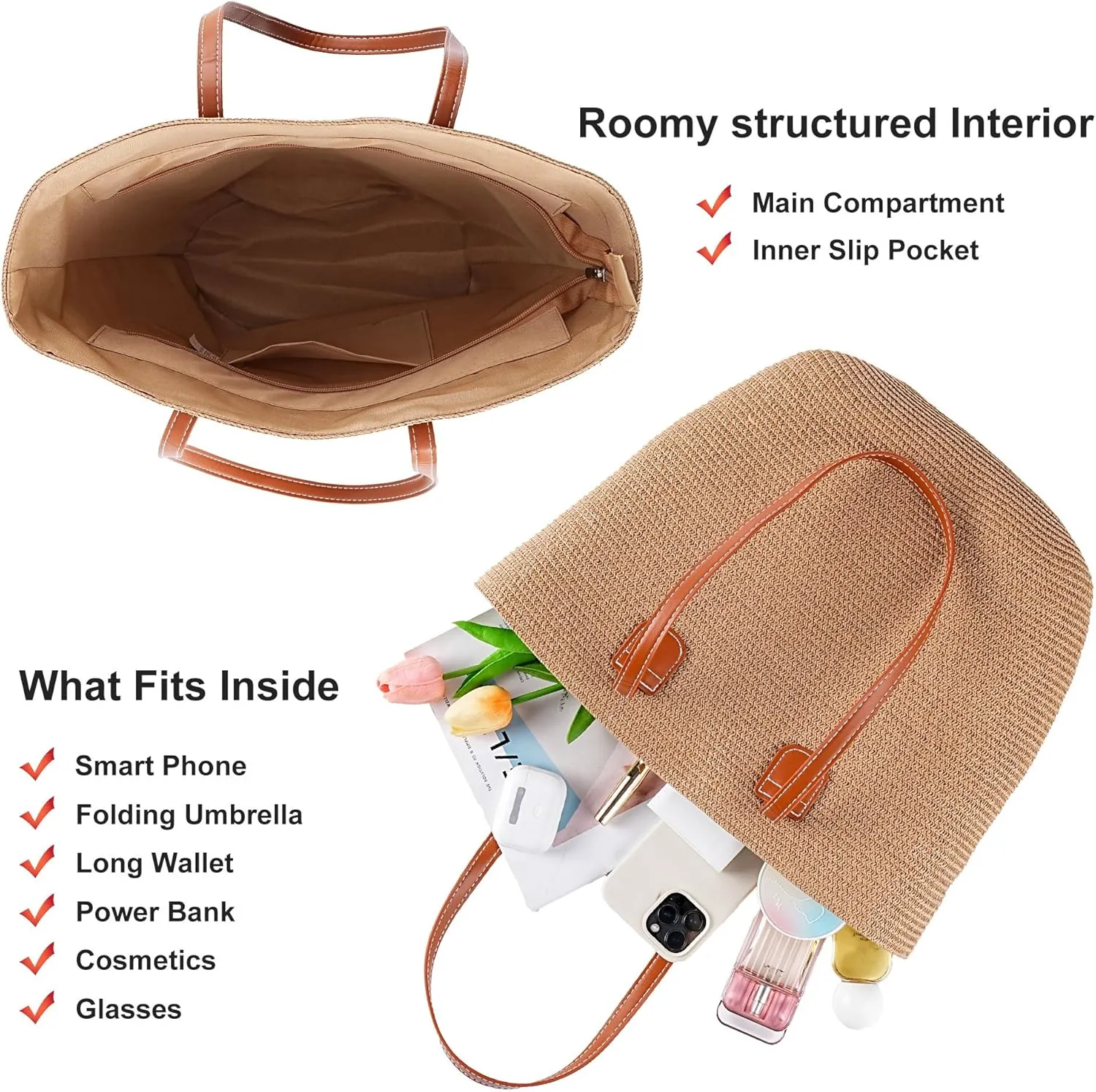 Straw Bags for Women, Straw Beach Bags for Women Beach Tote Bag Summer Woven Shoulder Handbags for Vacation Holiday