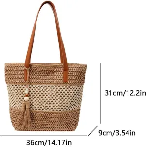 Straw Beach Bag Summer Woven Tote Bag with Zipper Handbag Shoulder Purse for Women Travel Vacation